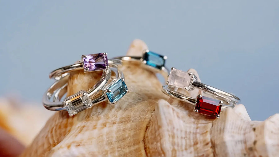 East West Emerald Cut Swiss Blue Topaz Solitaire Setting Stacking Ring