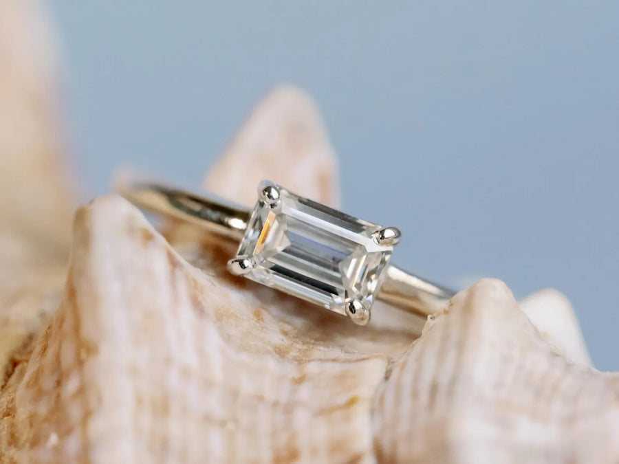 East West Emerald Cut Moissanite Solitaire Setting Stacking Ring