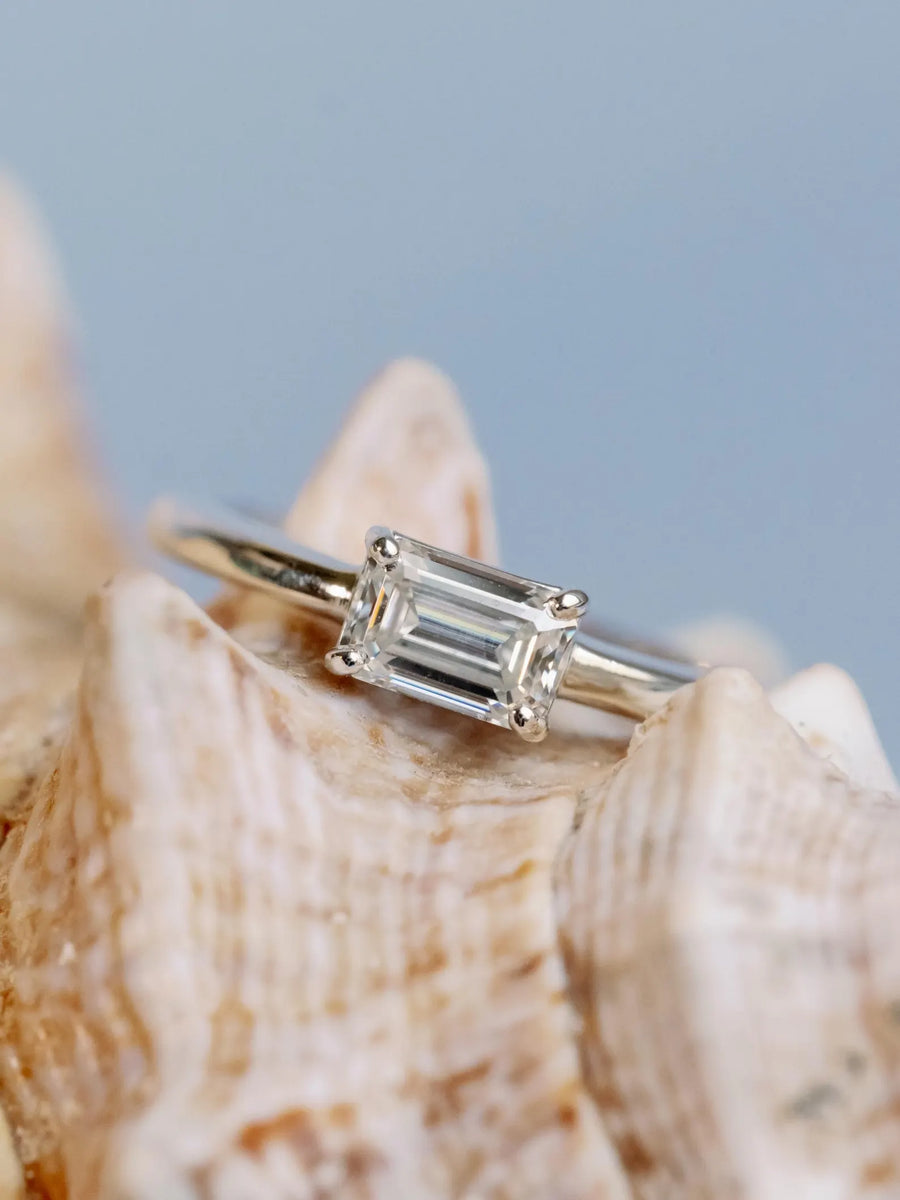 East West Emerald Cut Moissanite Solitaire Setting Stacking Ring