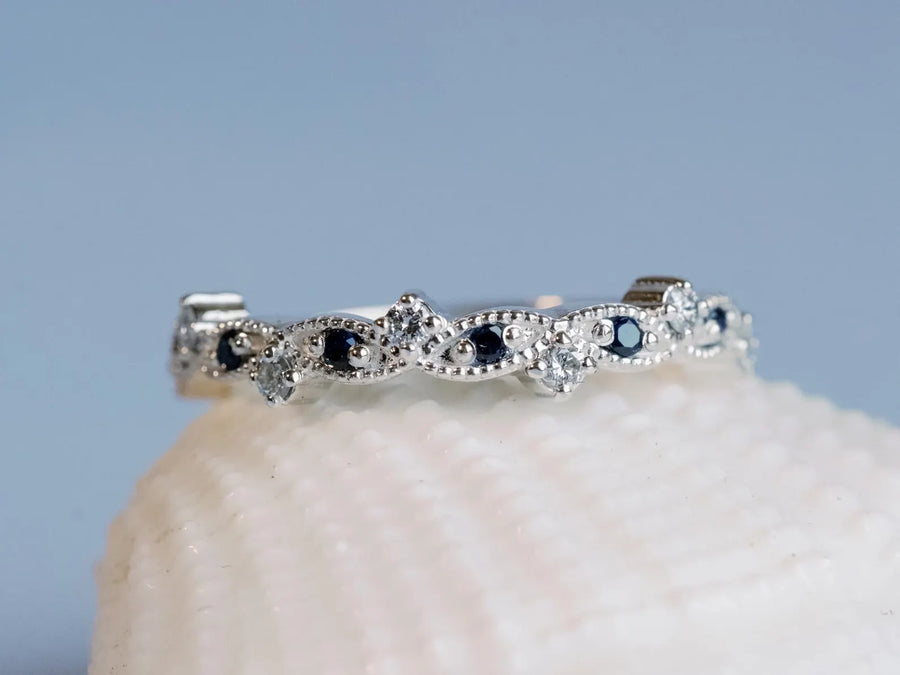 Art Deco Lab Diamond and Sapphire Wedding Band 14k Gold Stackable Ring