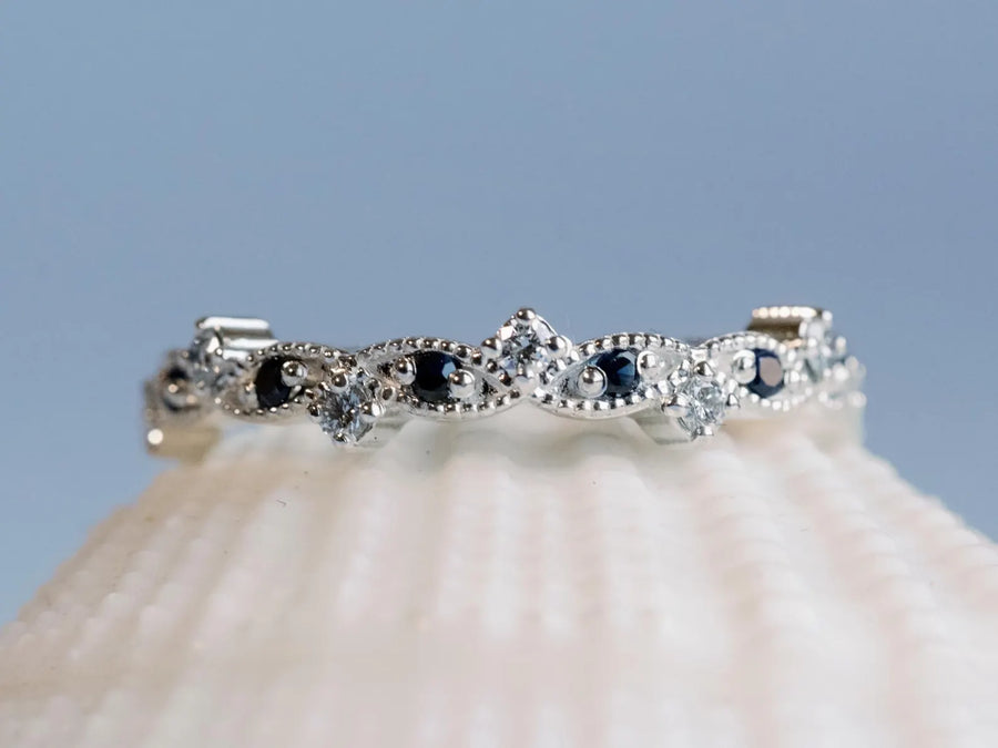 Art Deco Lab Diamond and Sapphire Wedding Band 14k Gold Stackable Ring