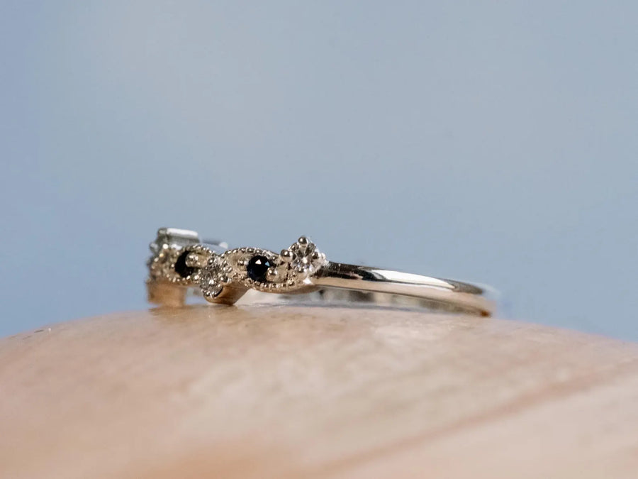 Art Deco Lab Diamond and Sapphire Wedding Band 14k Gold Stackable Ring