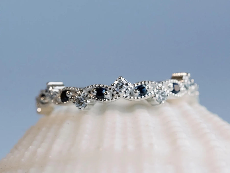 Art Deco Lab Diamond and Sapphire Wedding Band 14k Gold Stackable Ring