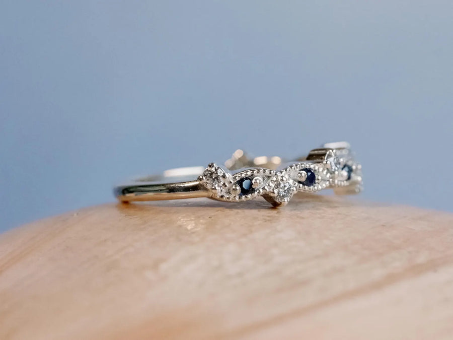 Art Deco Lab Diamond and Sapphire Wedding Band 14k Gold Stackable Ring