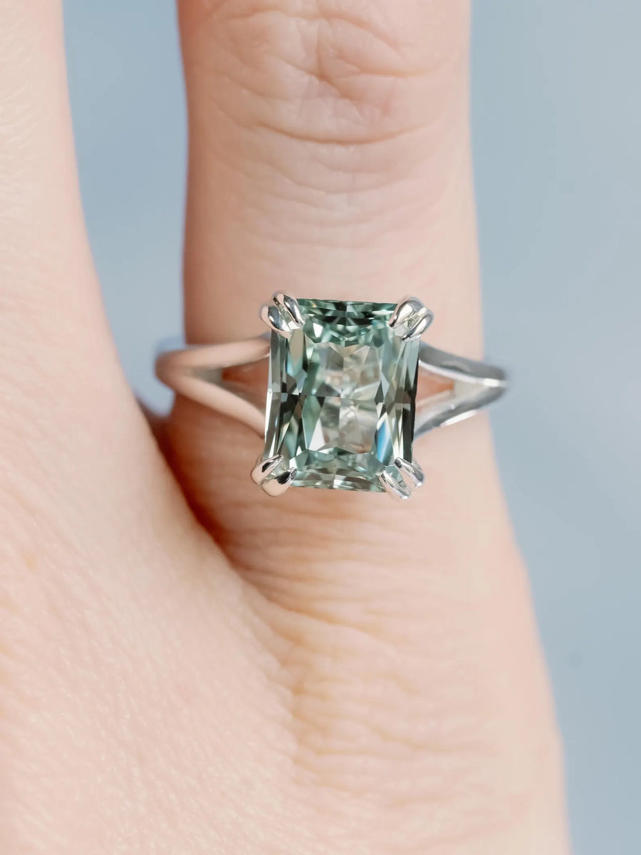 14k Radiant Cut Lab Grown Green Sapphire Ethically Sourced Split Shank Ring