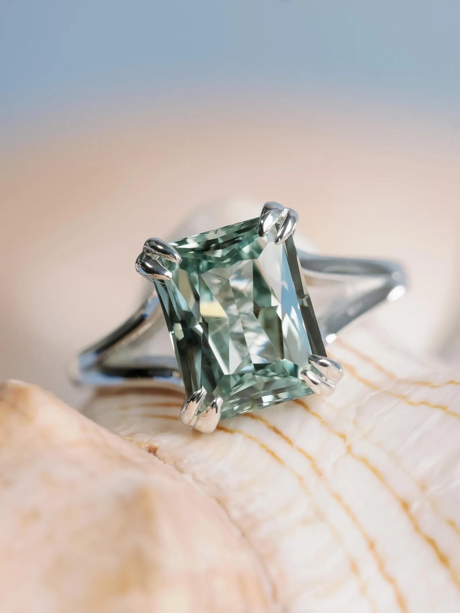 14k Radiant Cut Lab Grown Green Sapphire Ethically Sourced Split Shank Ring