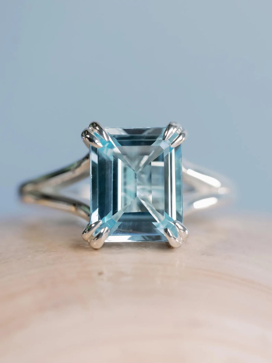 14k Emerald Cut Natural Blue Topaz Split Shank Solitaire December Birthstone Ring