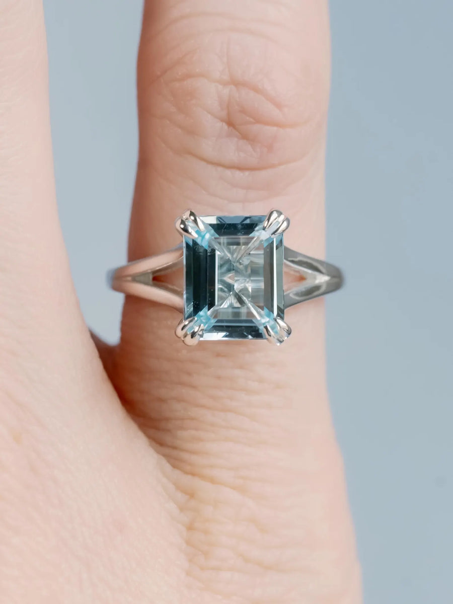 14k Emerald Cut Natural Blue Topaz Split Shank Solitaire December Birthstone Ring