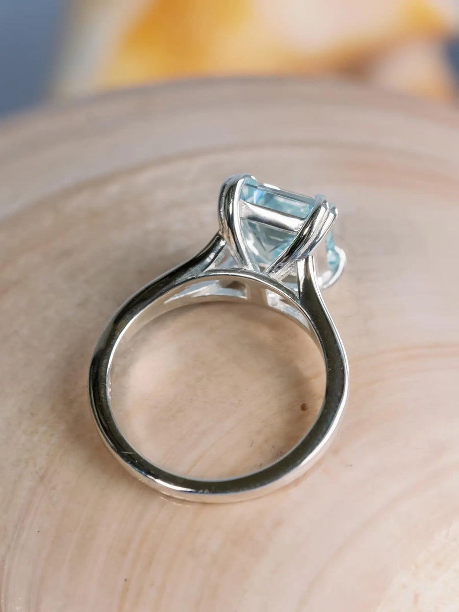 14k Emerald Cut Natural Blue Topaz Split Shank Solitaire December Birthstone Ring