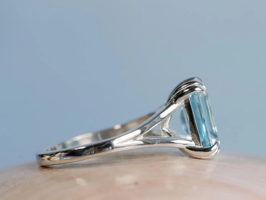 14k Emerald Cut Natural Blue Topaz Split Shank Solitaire December Birthstone Ring