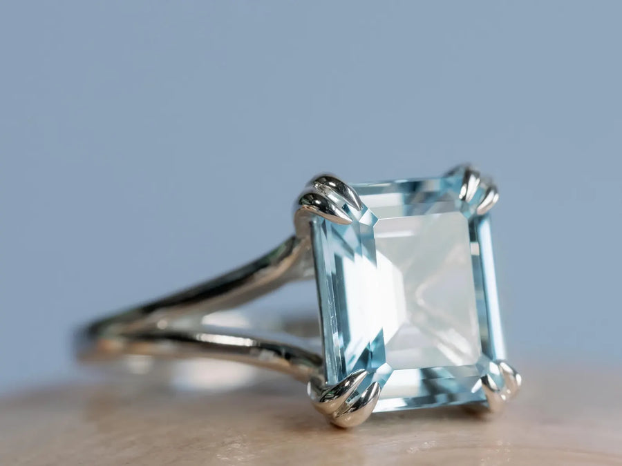 14k Emerald Cut Natural Blue Topaz Split Shank Solitaire December Birthstone Ring