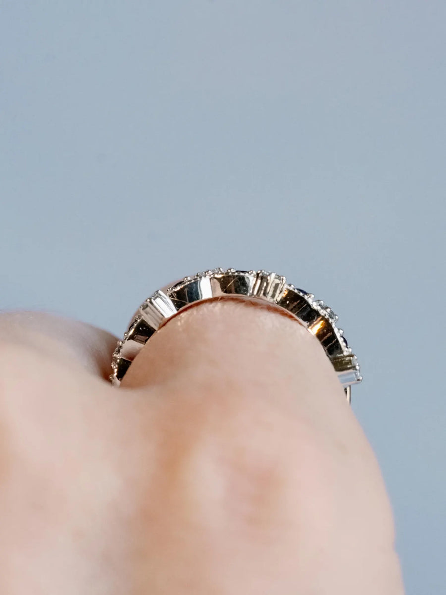 Art Deco Lab Diamond and Sapphire Wedding Band 14k Gold Stackable Ring