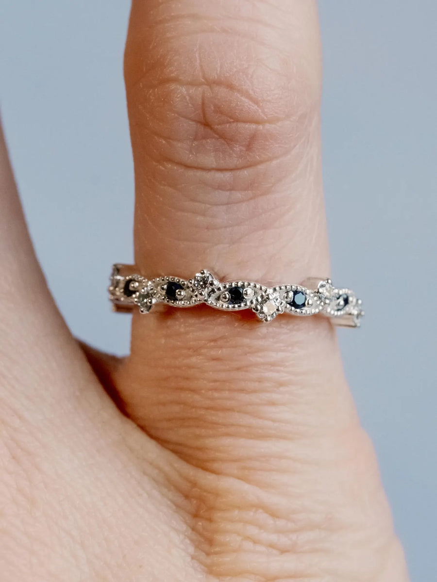 Art Deco Lab Diamond and Sapphire Wedding Band 14k Gold Stackable Ring