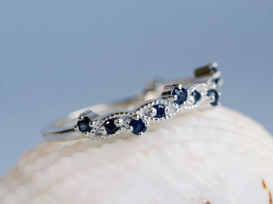 Sapphire Art Deco Wedding Band 14k Gold Anniversary Ring