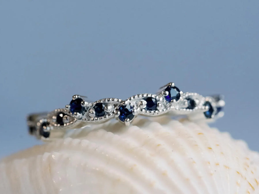 Sapphire Art Deco Wedding Band 14k Gold Anniversary Ring
