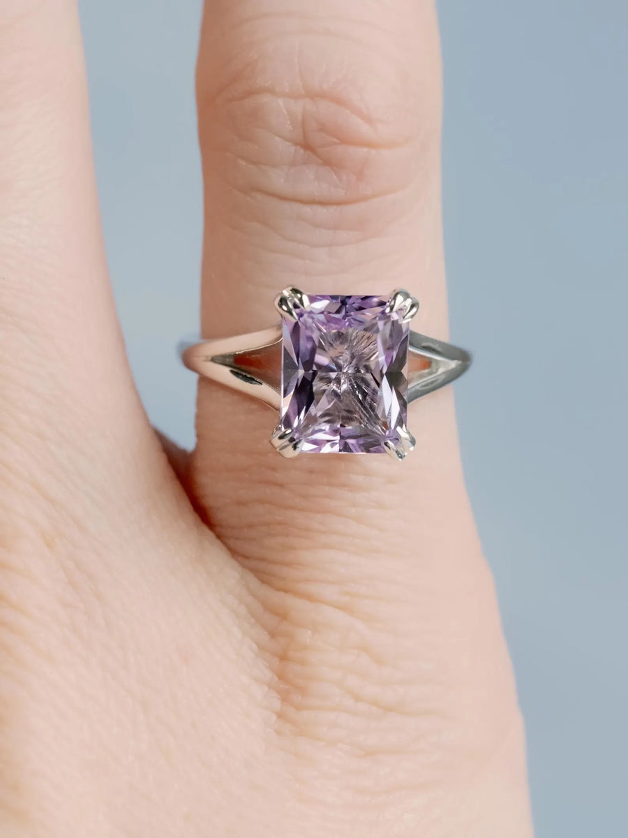 14k Radiant Cut Rose De France Natural Lavender Amethyst Split Shank Ring