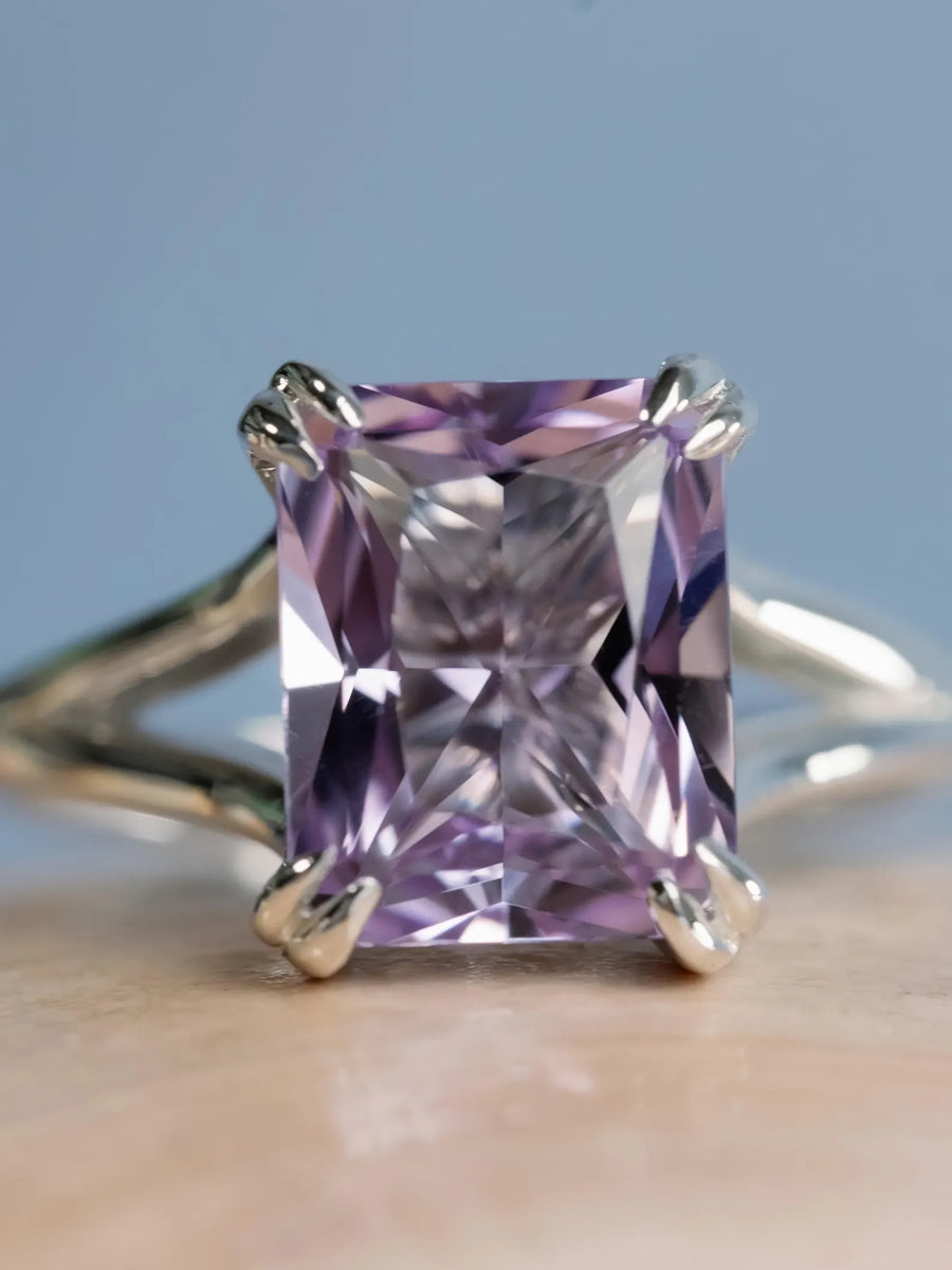 14k Radiant Cut Rose De France Natural Lavender Amethyst Split Shank Ring
