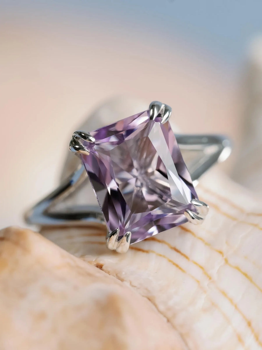 14k Radiant Cut Rose De France Natural Lavender Amethyst Split Shank Ring