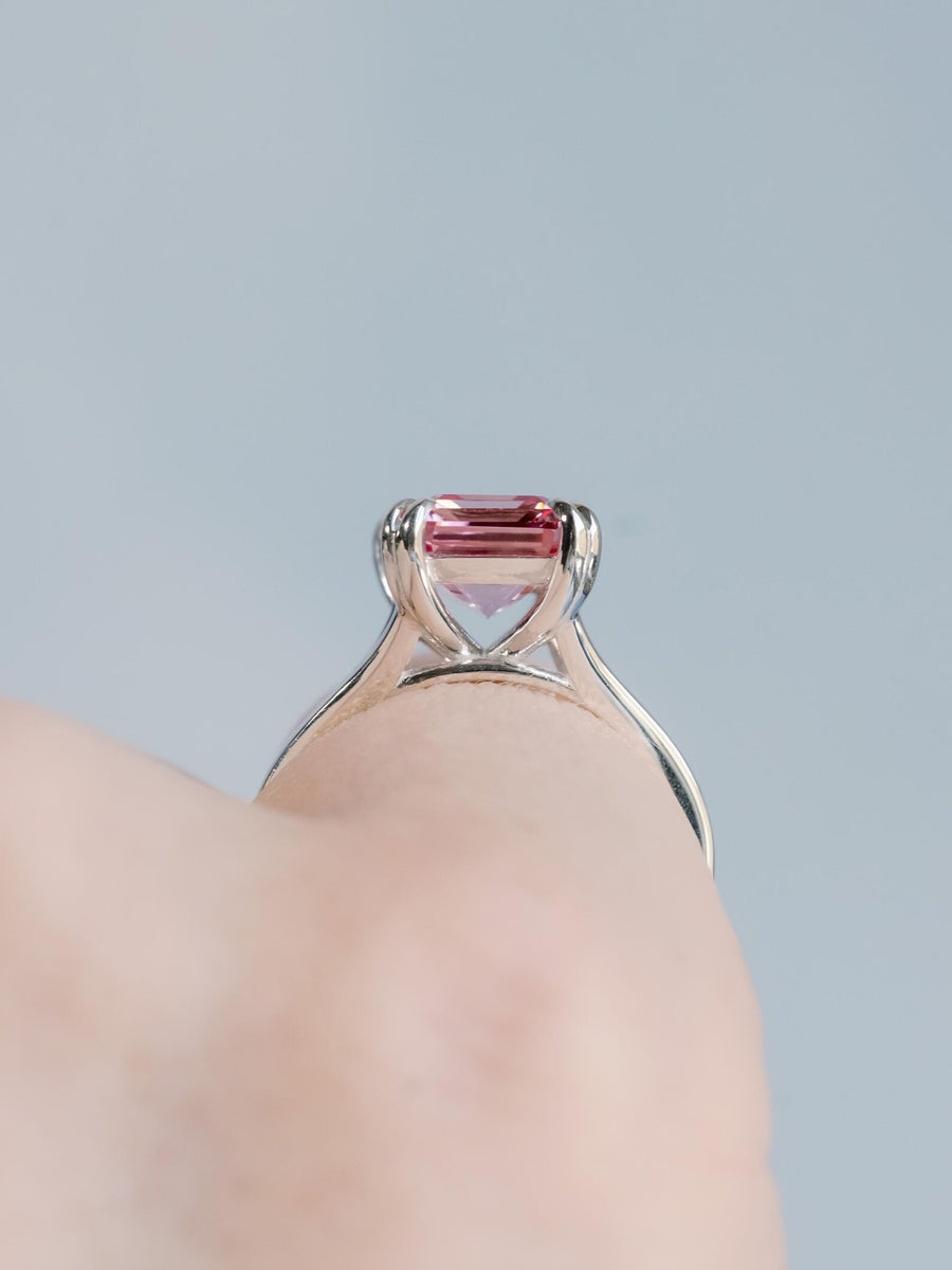 14k Emerald Cut Pink Topaz November Birthstone Split Shank Ring