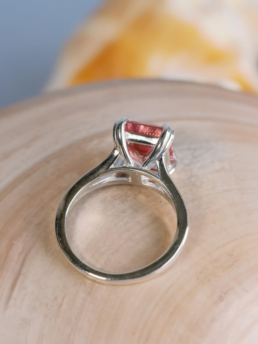 14k Emerald Cut Pink Topaz November Birthstone Split Shank Ring