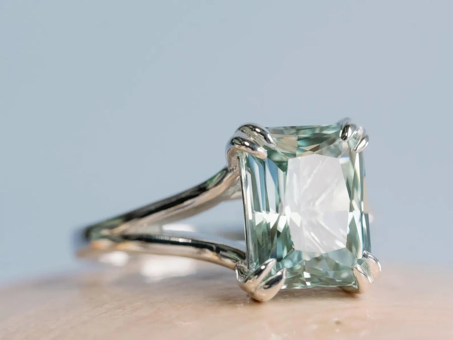 14k Radiant Cut Lab Grown Green Sapphire Ethically Sourced Split Shank Ring