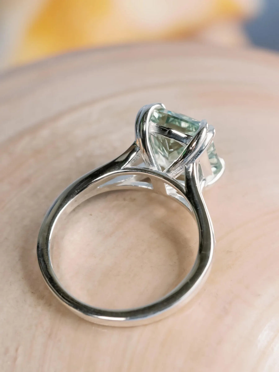 14k Radiant Cut Lab Grown Green Sapphire Ethically Sourced Split Shank Ring