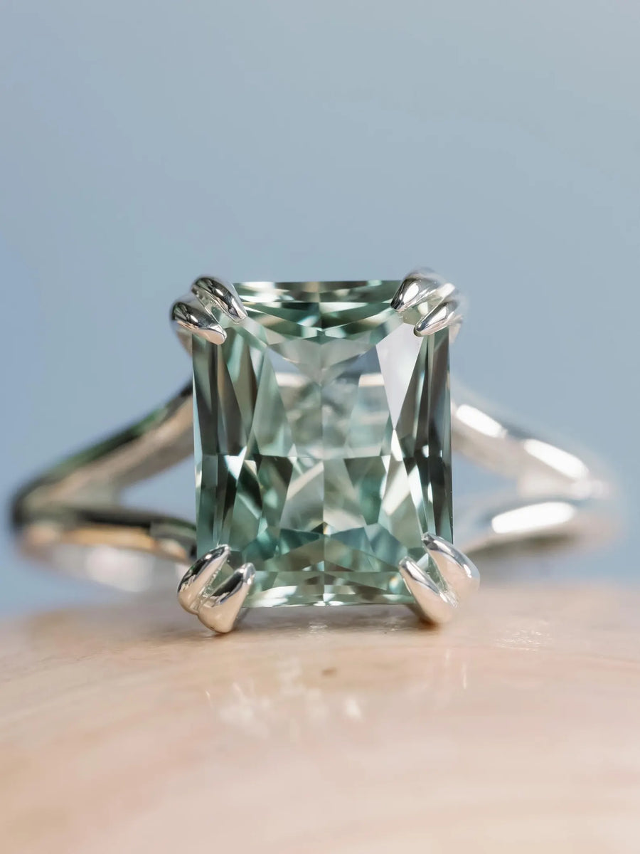 14k Radiant Cut Lab Grown Green Sapphire Ethically Sourced Split Shank Ring