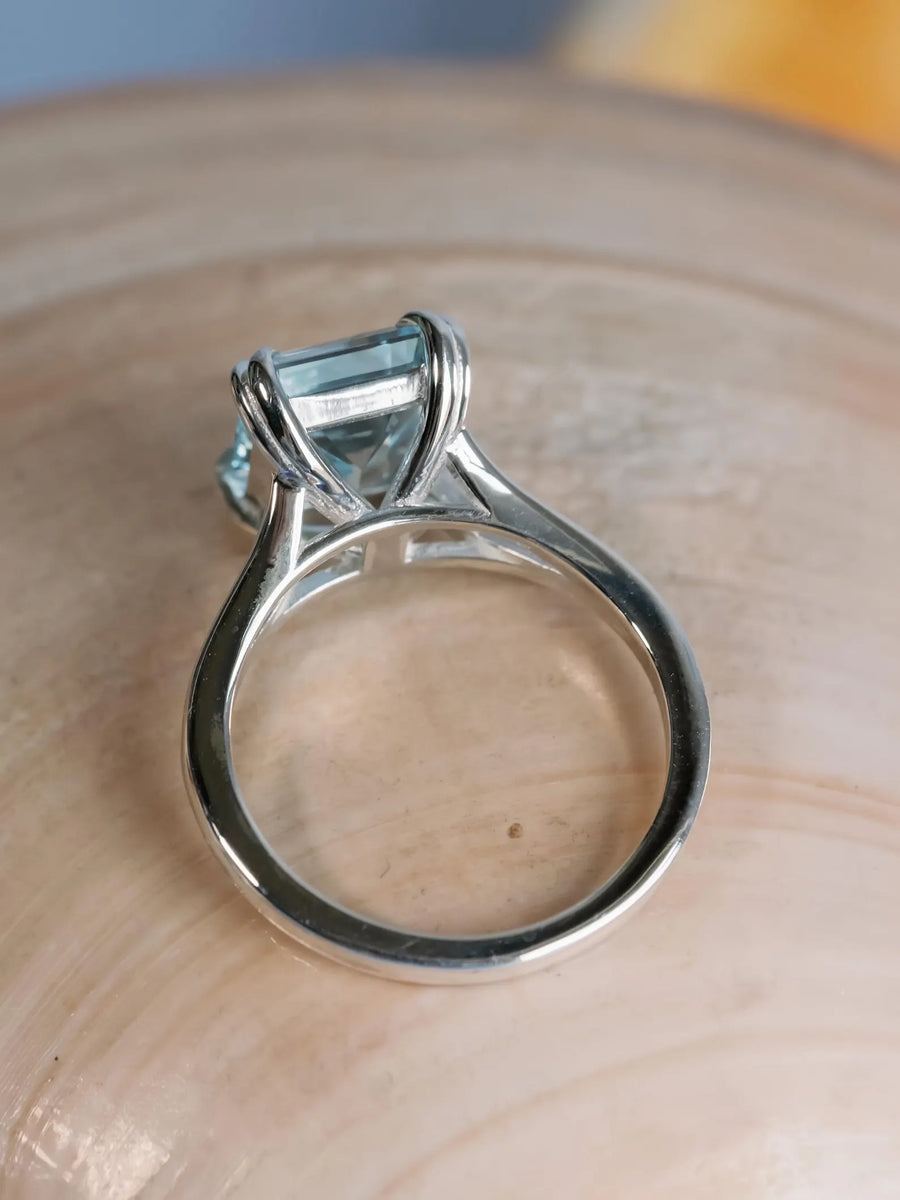 14k Emerald Cut Natural Blue Topaz Split Shank Solitaire December Birthstone Ring