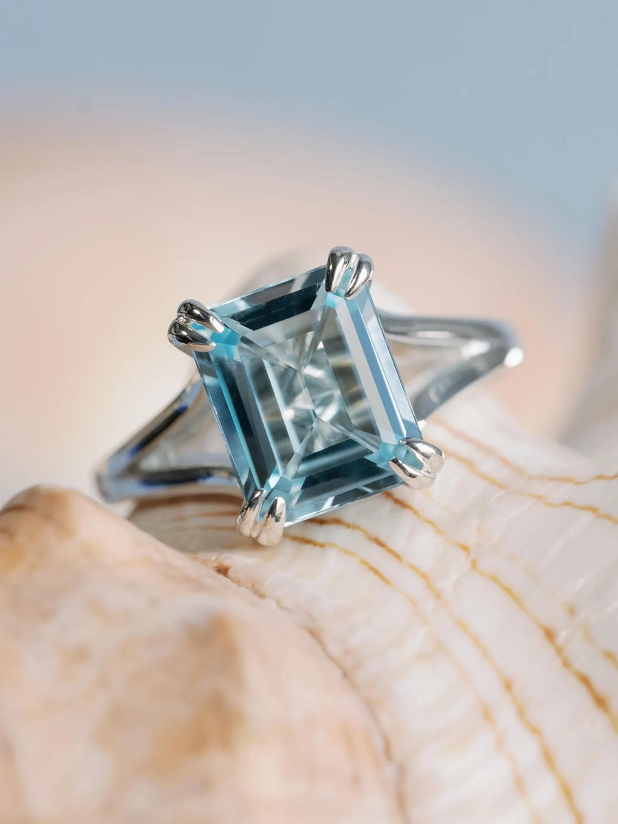 14k Emerald Cut Natural Blue Topaz Split Shank Solitaire December Birthstone Ring