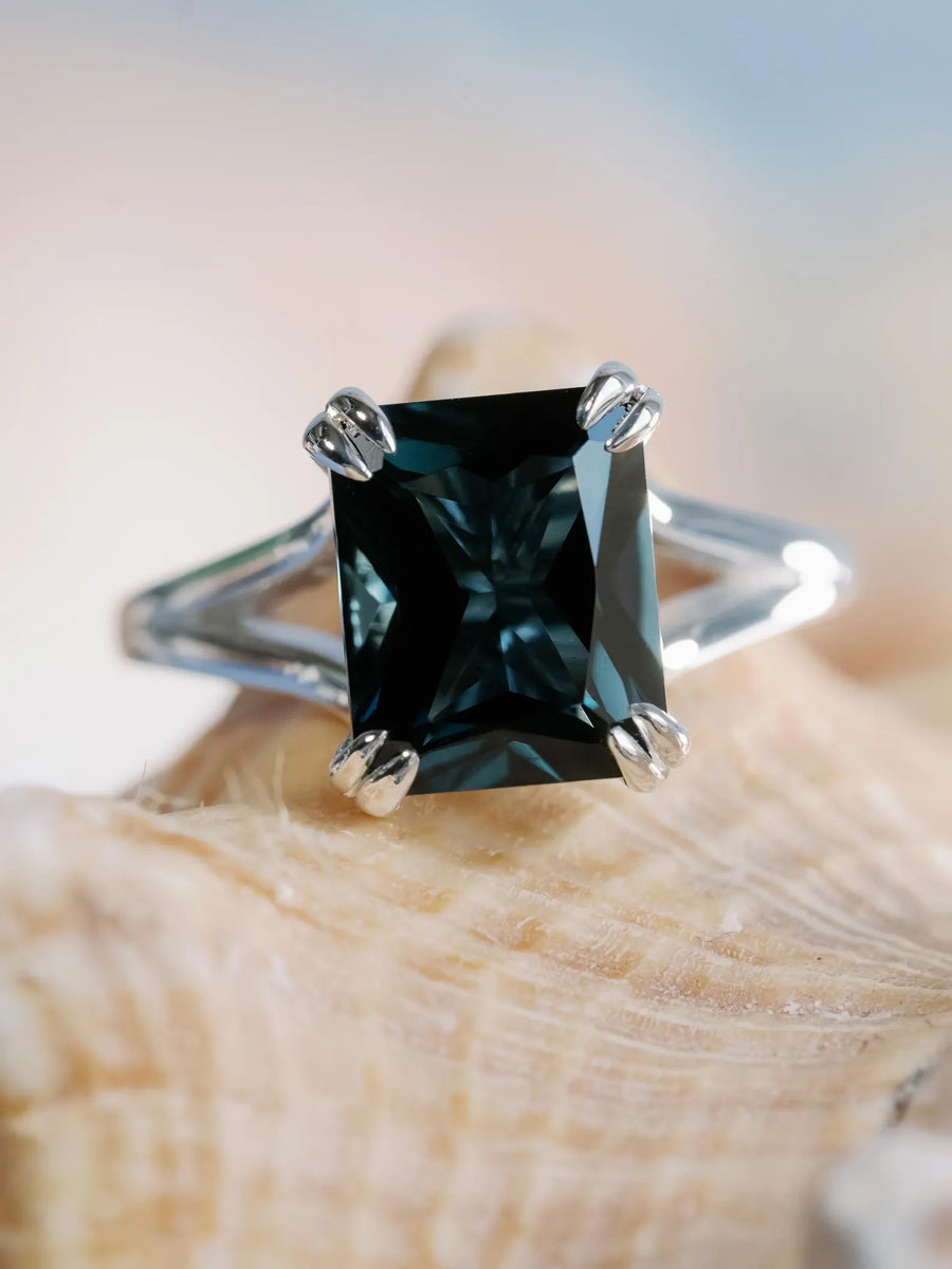14k Radiant Cut Natural London Blue Topaz Split Shank Solitaire Ring