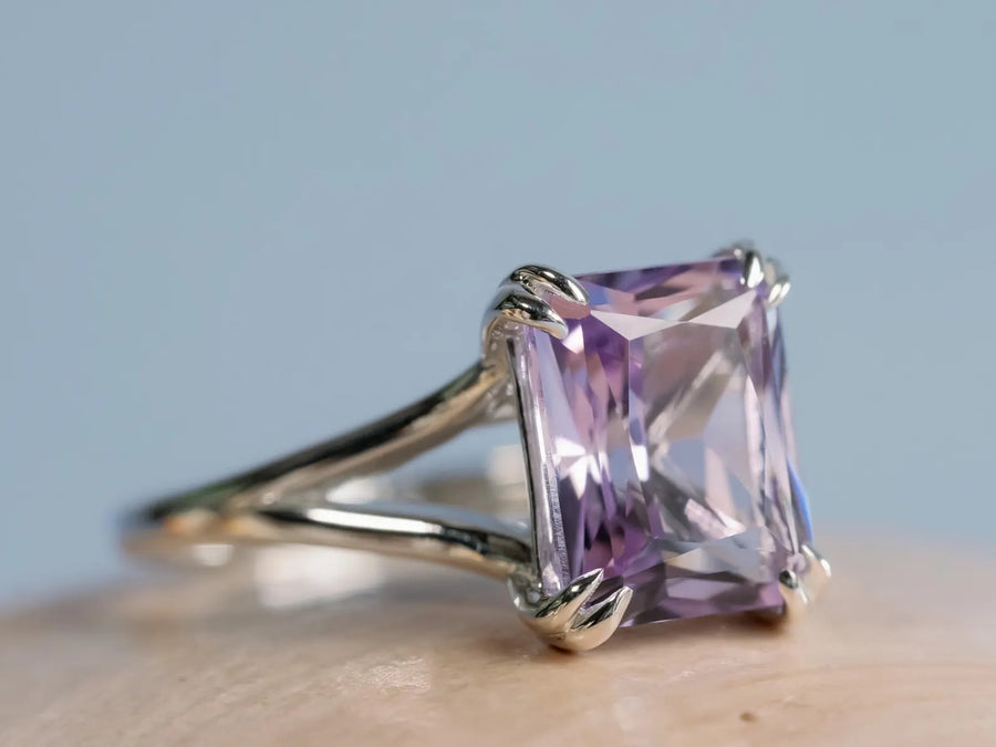 14k Radiant Cut Rose De France Natural Lavender Amethyst Split Shank Ring
