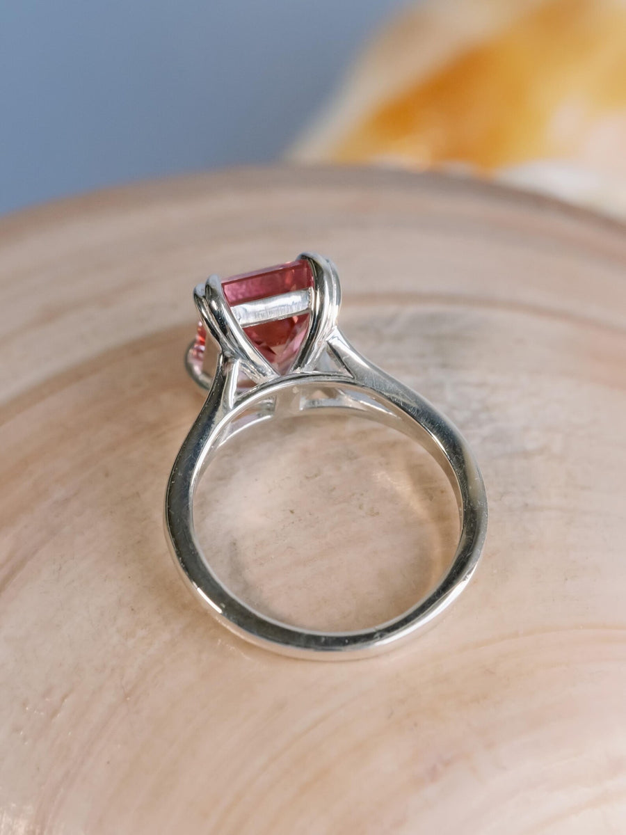 14k Emerald Cut Pink Topaz November Birthstone Split Shank Ring