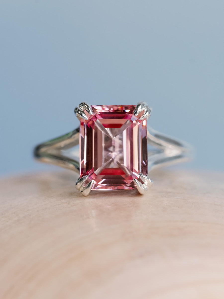 14k Emerald Cut Pink Topaz November Birthstone Split Shank Ring