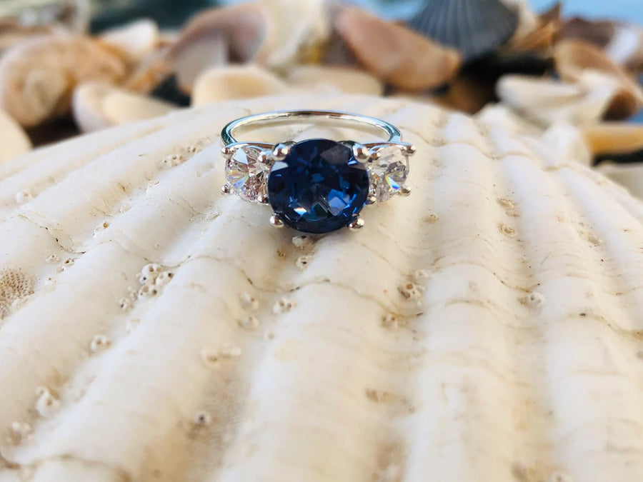 Round Three Stone Sapphire & Moissanite Engagement Ring