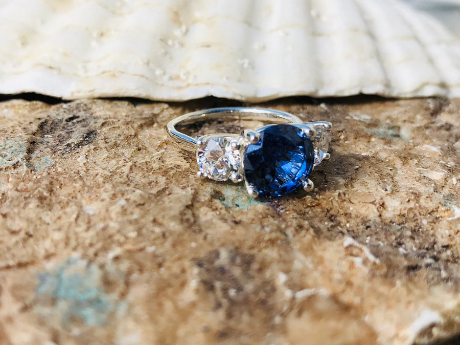 Round Three Stone Sapphire & Moissanite Engagement Ring