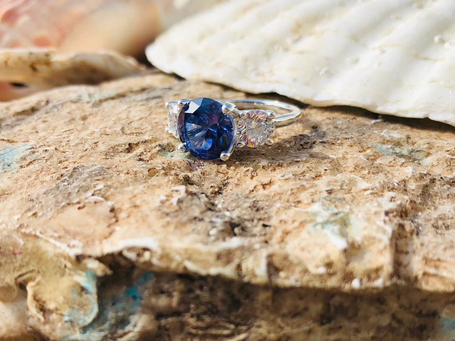 Round Three Stone Sapphire & Moissanite Engagement Ring