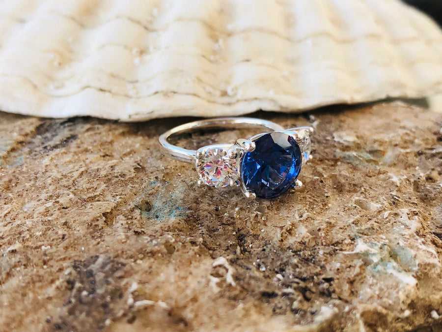 Round Three Stone Sapphire & Moissanite Engagement Ring