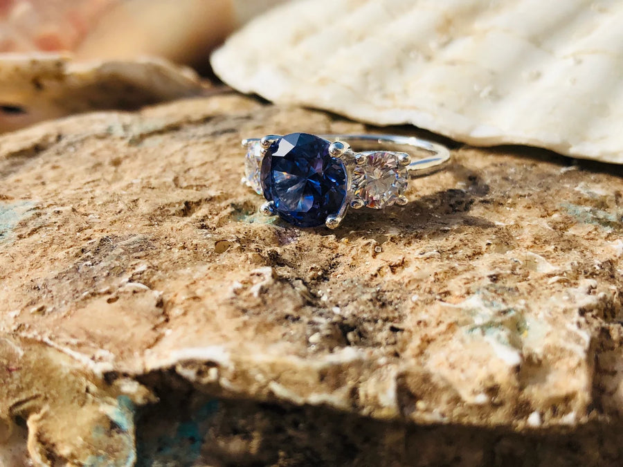 Round Three Stone Sapphire & Moissanite Engagement Ring