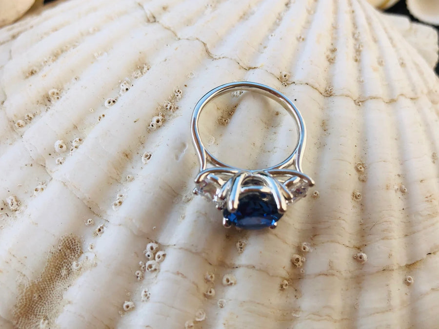 Round Three Stone Sapphire & Moissanite Engagement Ring