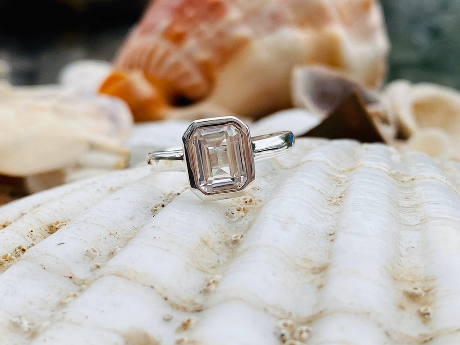 Emerald Cut White Sapphire Solitaire Bezel Ring