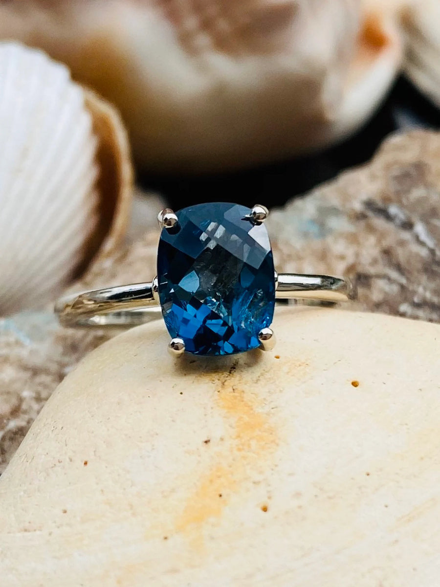 14k Cushion Cut London Blue Topaz Solitaire Ring