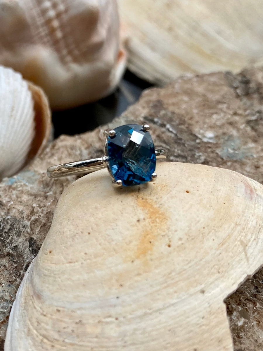 14k Cushion Cut London Blue Topaz Solitaire Ring