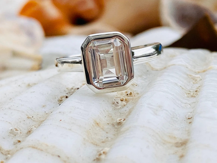 Emerald Cut White Sapphire Solitaire Bezel Ring