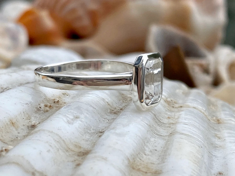 Emerald Cut White Sapphire Solitaire Bezel Ring