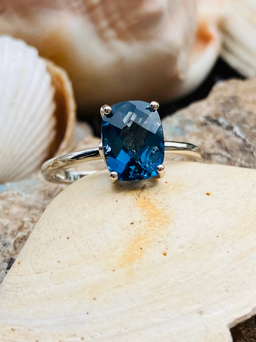 14k Cushion Cut London Blue Topaz Solitaire Ring