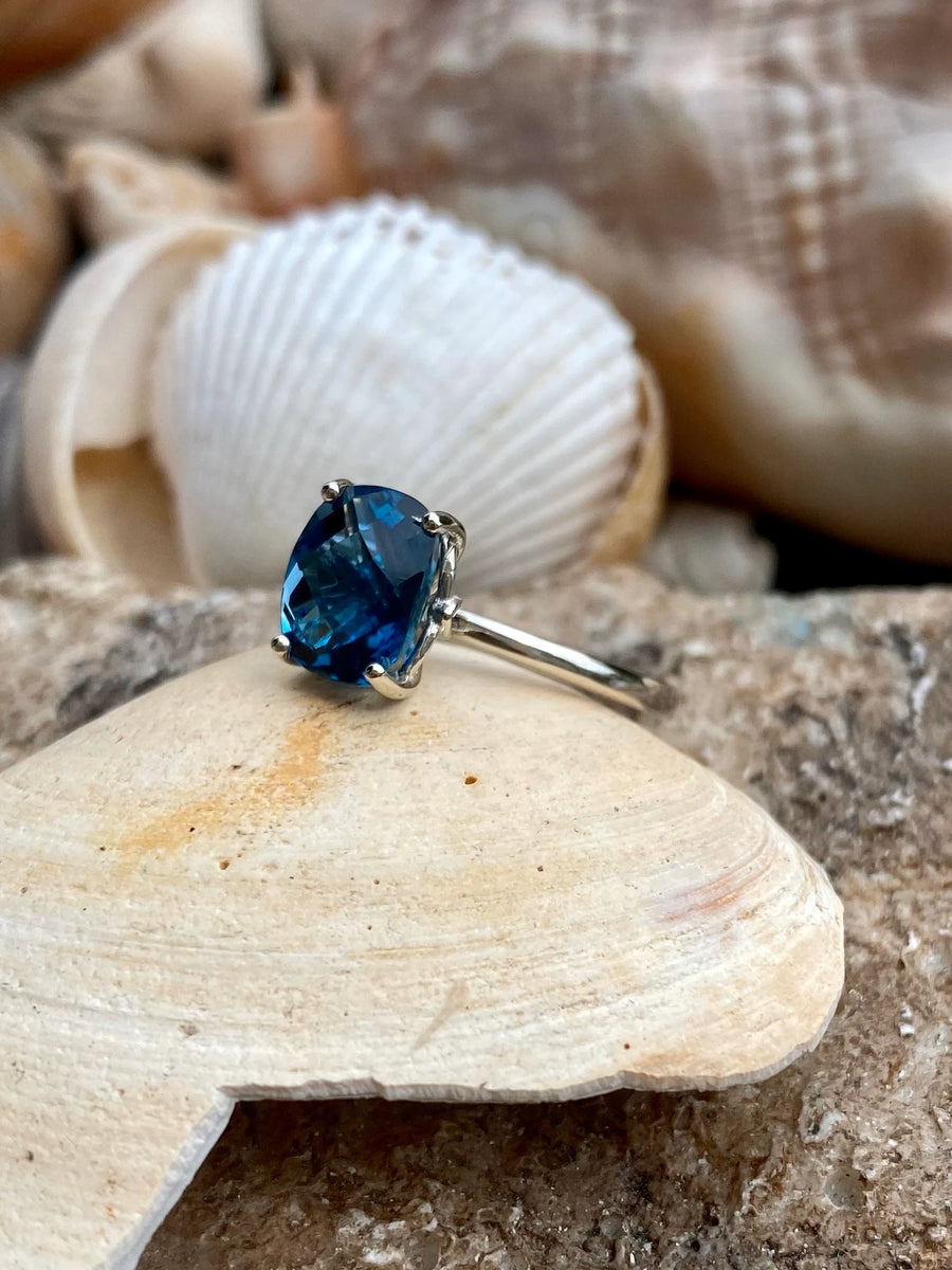 14k Cushion Cut London Blue Topaz Solitaire Ring