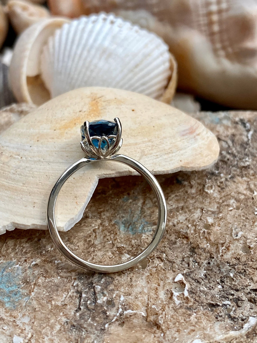 14k Cushion Cut London Blue Topaz Solitaire Ring