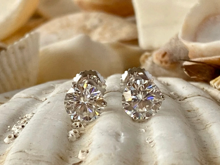 Gold Moissanite Round Stud Martini Setting Earrings 2.00ct