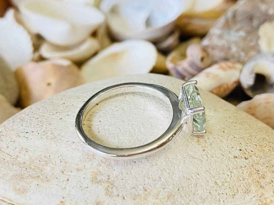 East West Emerald Cut Green Amethyst Prasiolite Solitaire Ring 2.00ct