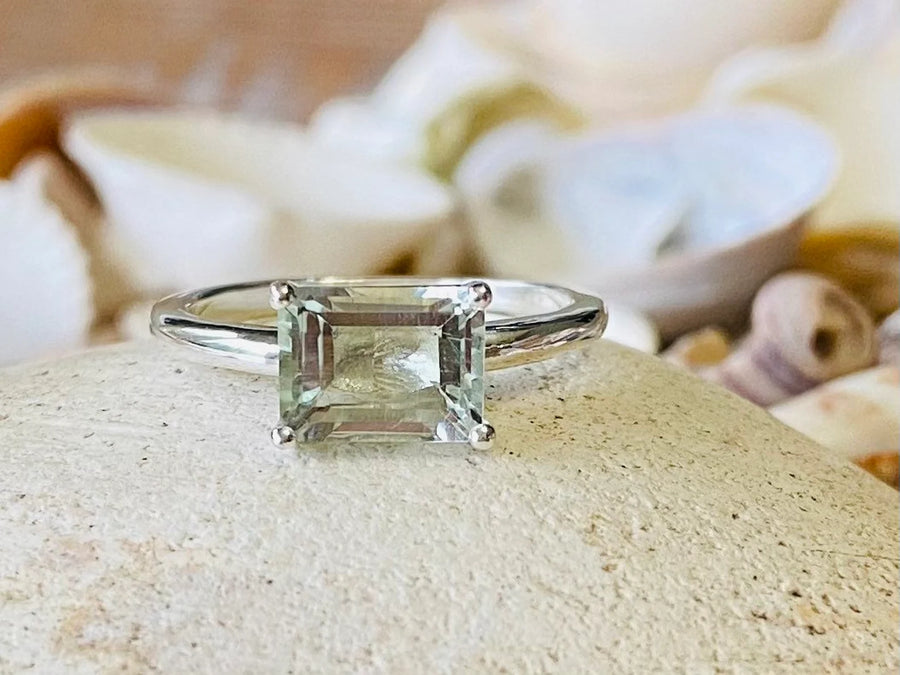 East West Emerald Cut Green Amethyst Prasiolite Solitaire Ring 2.00ct